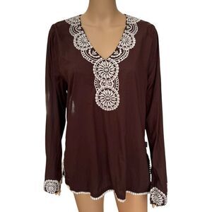 Prana brown and cream 100% cotton embroidered tunic L